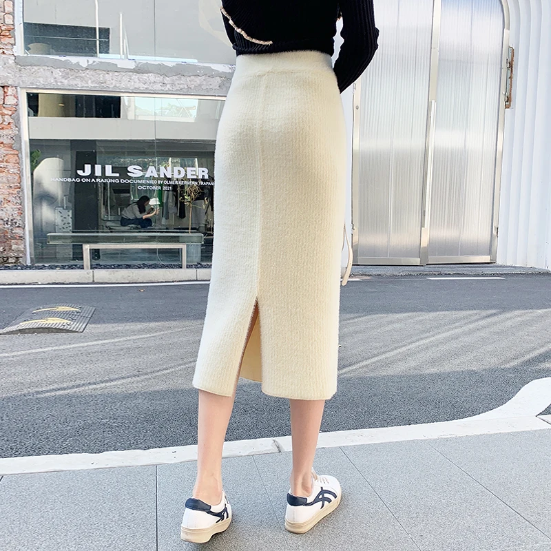 Autumn Winter High Waist Midi Skirts For Women Casual Streetwear Package Hip Bodycon Knitted Skirt Split Gray Black Jupe Femme