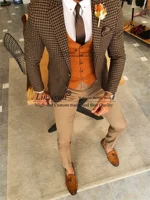 Traje clásico de Tweed a cuadros para hombre, traje ajustado con solapa en pico para novio, esmoquin de boda, chaqueta Formal personalizada para hombre, conjunto de 3 piezas, disfraz para hombre