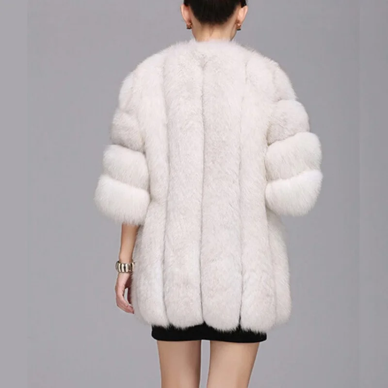 

Faux Luxury Fur Women Outerwear Middle Length Office Ladies Cardigan Jacket Winter Long Sleeve Party Artificial Fur Coat Female
