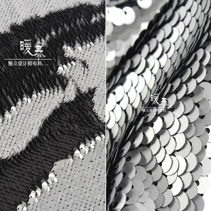 

Embroidered Sequins Fabric Silver Black Fish Scales DIY Decor Props Wedding Dress Mermaid Skirt Stage Clothes Designer Fabric