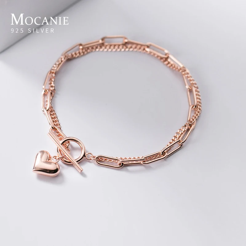 Modian 100% 925 Sterling Silver Sweet Hearts Chain Link Two Layer Classic Basis Bracelet Bangle for Women Fashion Fine Jewelry