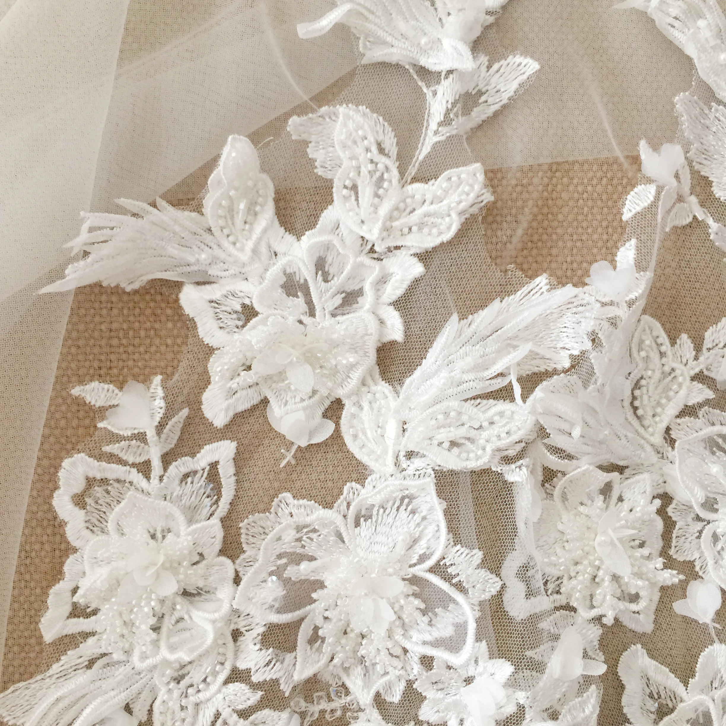 Hand Beaded 3D Lace Applique for Wedding Dress, Flower and Leaf Lace Applique, Bridal Gown Lace Applique, Bridal Veil Lace