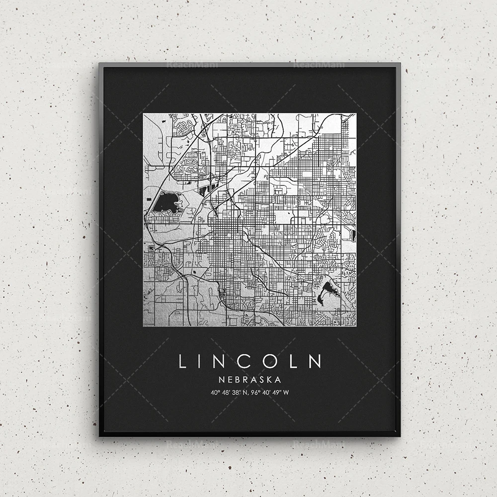 Lincoln map printing gold and silver printing square city map wall art poster personalized gift creative travel home office deco