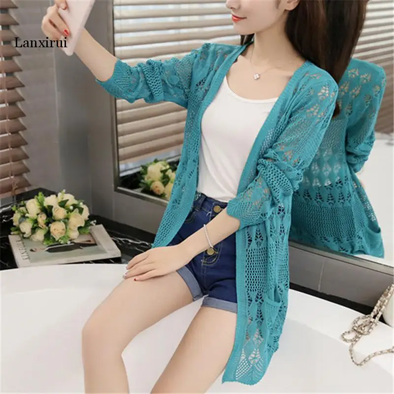 Spring and Autumn Women's Slim Medium-long Cardigan Hollow Out Knitted Sweaters Sunscreen Fashion Beach Cardigan Summer