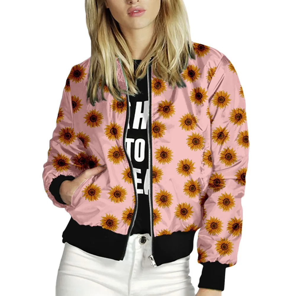 Women Floral Jackets Spring Summer Long Sleeve Zipper 3D Print Bomber Jacket Casual Pocket Slim Female Fashion Outwear