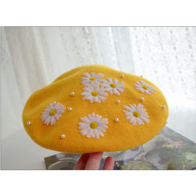 Lolita hat handmade beret women autumn and winter flowers pearl woolen painter hat retro literary pumpkin hat