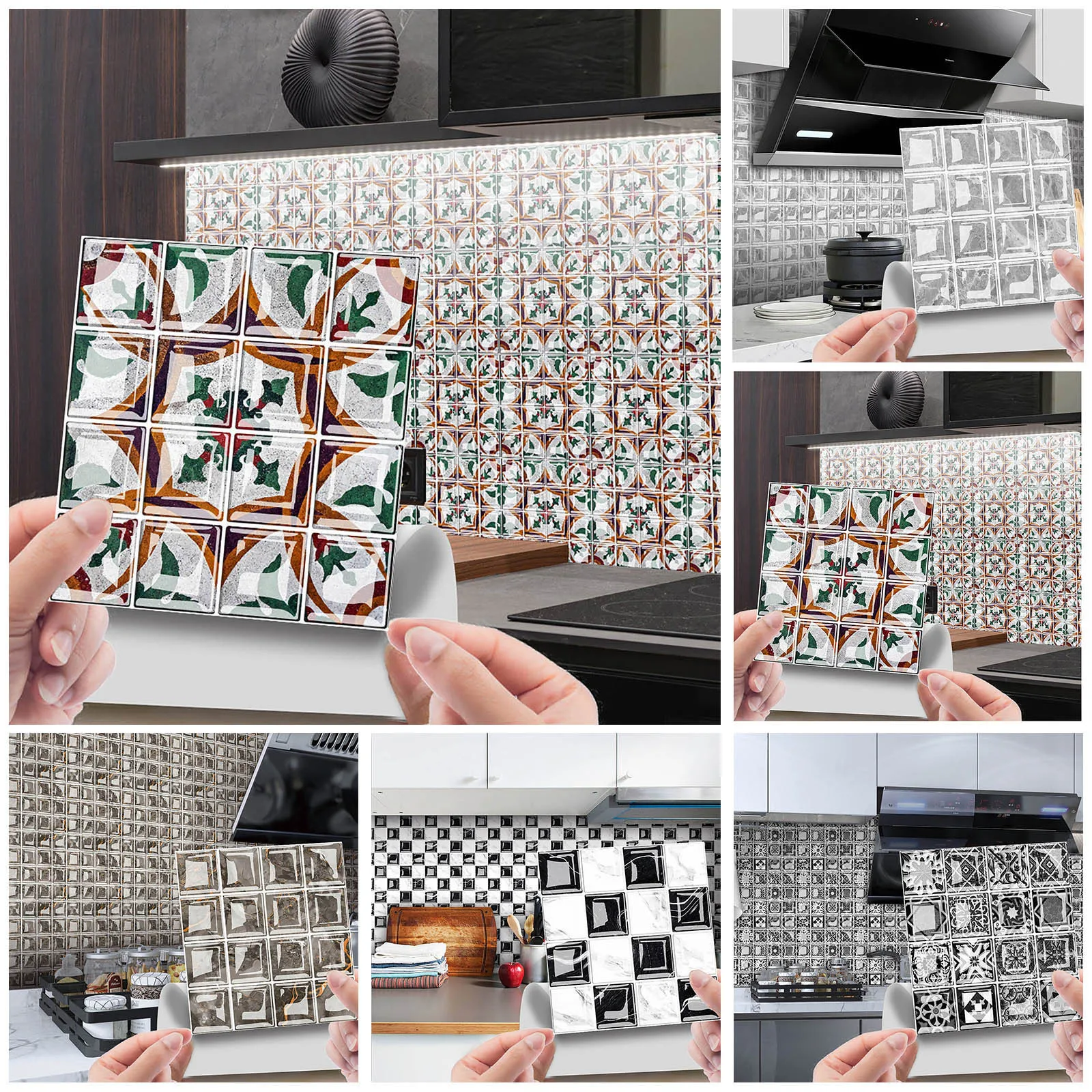 10pcs Vintage Tile Stickers Self-adhesive Waterproof Moroccan Mosaic Wall Decals Bohemian Style Wall Stickers Home Decor#10