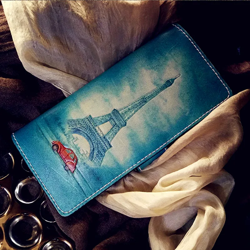 

Handmade Women Carving Lron Tower Wallets Card Holder Purses Love Scenery Clutch Vegetable Tanned Leather Beautiful Gift