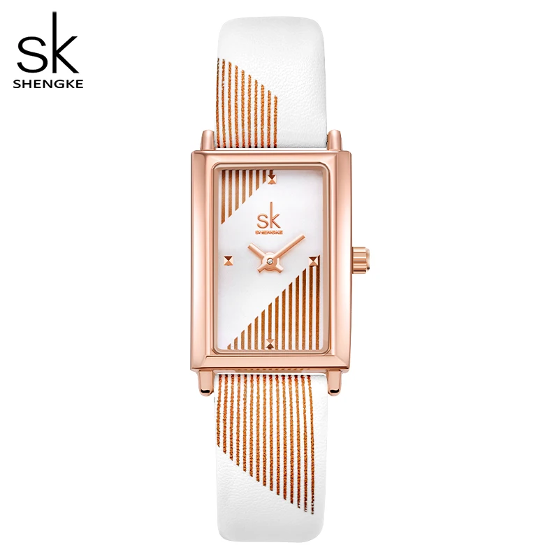 Shengke-Montre-bracelet rectangulaire pour femme, bracelet en cuir, mouvement à quartz, blanc, élégant, nouveau créateur