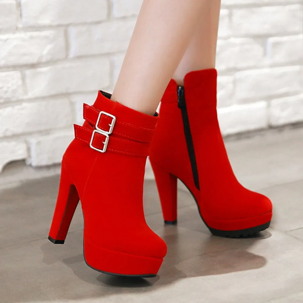 Lasyarrow Wholesale Ankle Boots Thick High Heels Women Boots Sexy Buckle Round Toe Platform Ladies Shoes Large Sizes 34-50