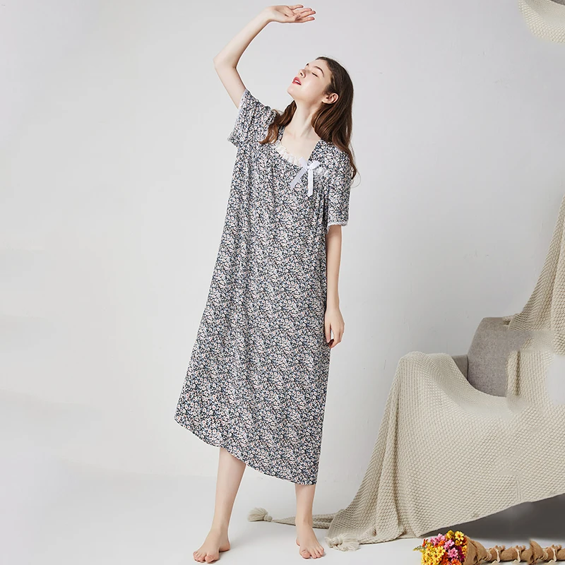 New Summer Womens Nightdress Cotton Lace Short Sleeve Floral Printed Sleepdress Casual Home Clothing for Women Spring Nightgown