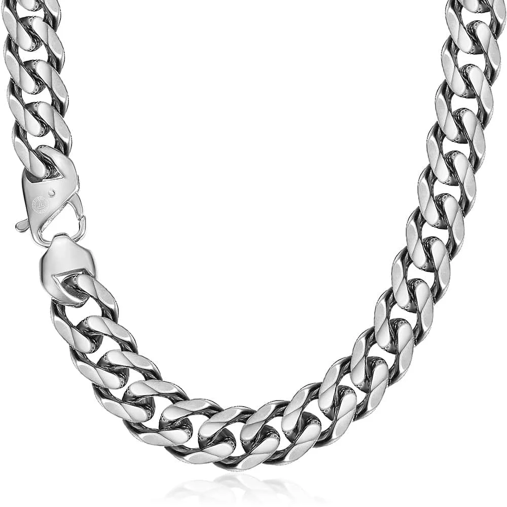 Davieslee Matte Brushed Polished Necklace Mens Chain Cut Curb Cuban Link 316L Stainless Steel Silver Color 15 mm DHNM18