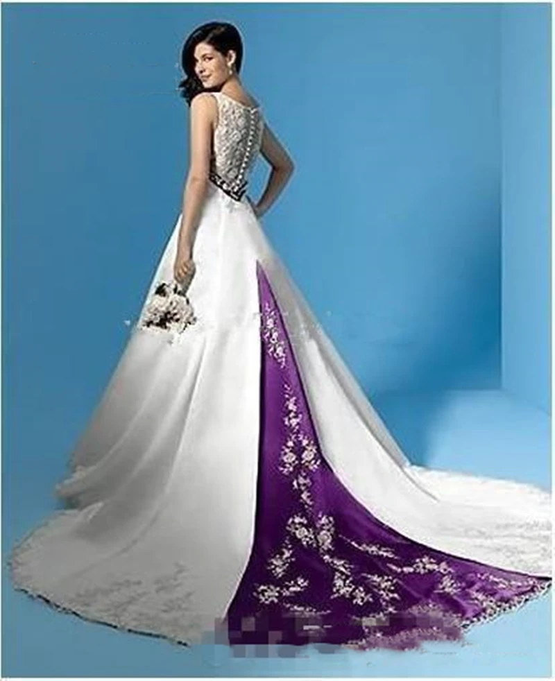 White And Purple Wedding Dress A Line V Neck Sleeveless Long Satin Bridal Gowns Empire Waist Customized Country Robe De Mariee