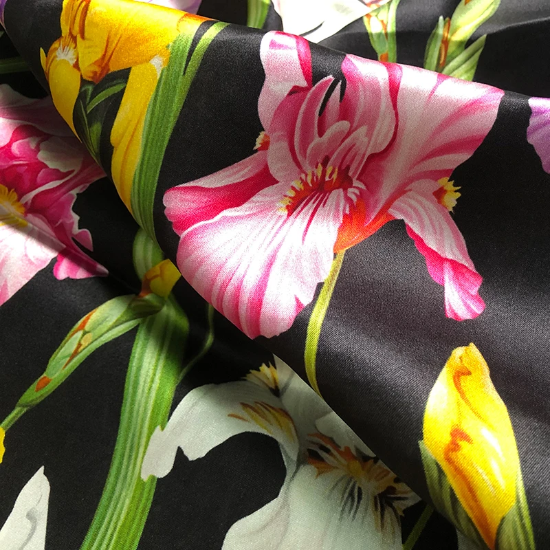 European and American Colorful Tulip Printed Natural Silk Satin Fabric For Woman Dress Blouse Pajamas DIY Cloth Sewing Material