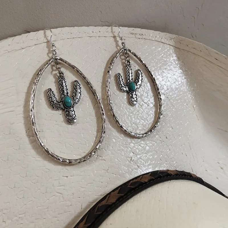 2021 Groothandel Nieuwe Retro Water Drop-Vormige Holle Oorbellen Cactus Turquoise Oorbellen Voor Vrouwen Girl Gift