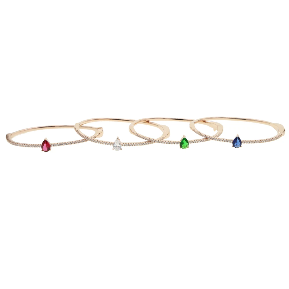 Colorful birthstone red blue green white tear drop CZ bangle bracelet trendy women open cuff bangles