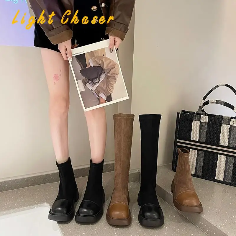 New Women Knee High Boots Leather Warm Boots Thick High Heels Motorcycle Boots Punk Shoes Woman High Boots Elastic Stocking Boot