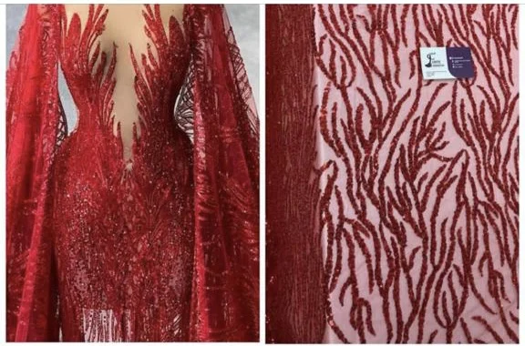 

Luxury New Arrival Swiss Lace Sequin African Lace Fabric Burgundy Beaded Lace For Dress Wedding 3218