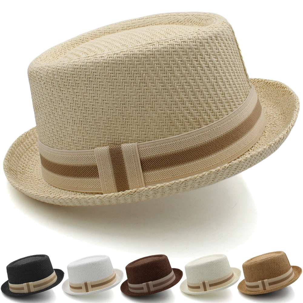 Men Women Classical Straw Pork Pie Hats Fedora Sunhats Trilby Caps Summer Boater Beach Outdoor Travel Party Size US 7 1/4 UK L