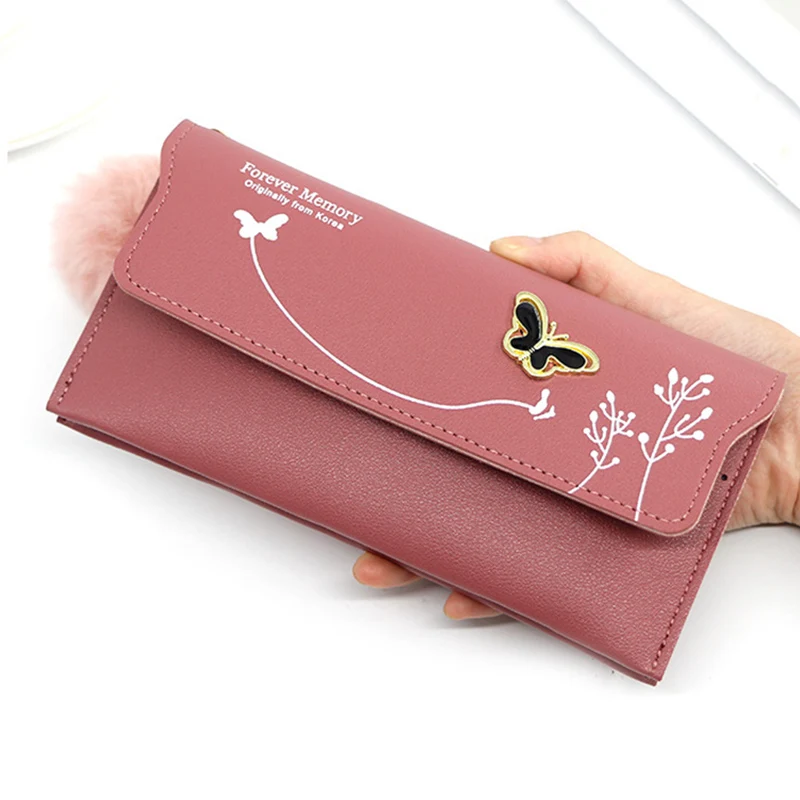 Mode Pelz Ball Brieftasche für Frauen Einfarbig PU Leder Lange Standard Brieftaschen Schmetterling Karte Halter Geldbörse Weiblichen Beutel