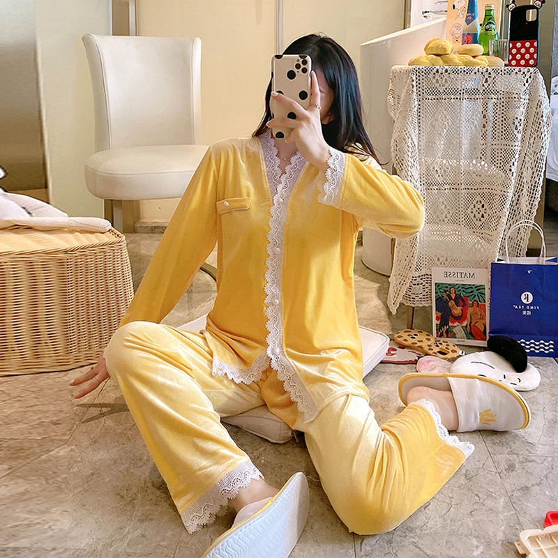 Pajamas set new Korean gold velvet 2020 sleepwear long sleeve lace sexy home clothes pure color elegant bathrobe pijamas new