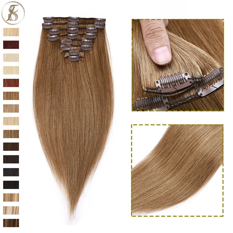 TESS Full Head Clip-in Hair Extensions 8-24inches 16colours Remy Women Human Hairpiece Straight Hair Highlight Bleach Blonde