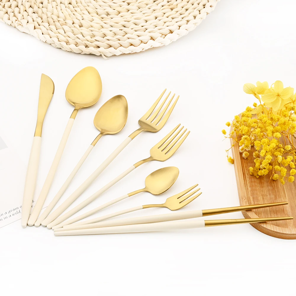 1Pcs Cutlery Set 304 Stainless Steel Colorful Tableware Set Spoon Knife Dinnerware Set Silverware Beige Gold Kitchen Accessories