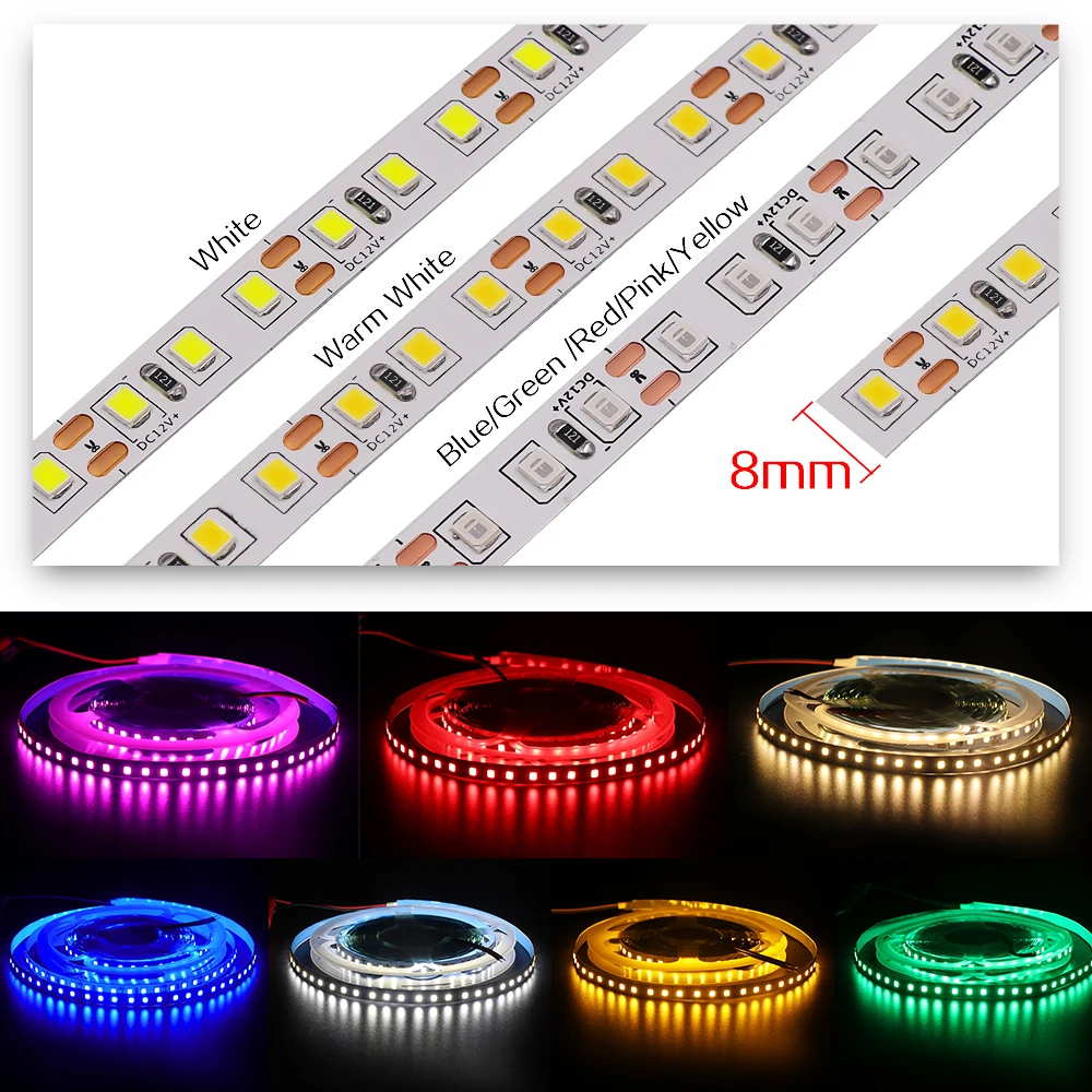 12V 24V 2835 Led Strip Light Diode Tape 5m 10m 120LEDs/m Soft Lamp Bar 8mm PCB White/Warm White/Blue/Red/Pink/Green/Lemon Yellow