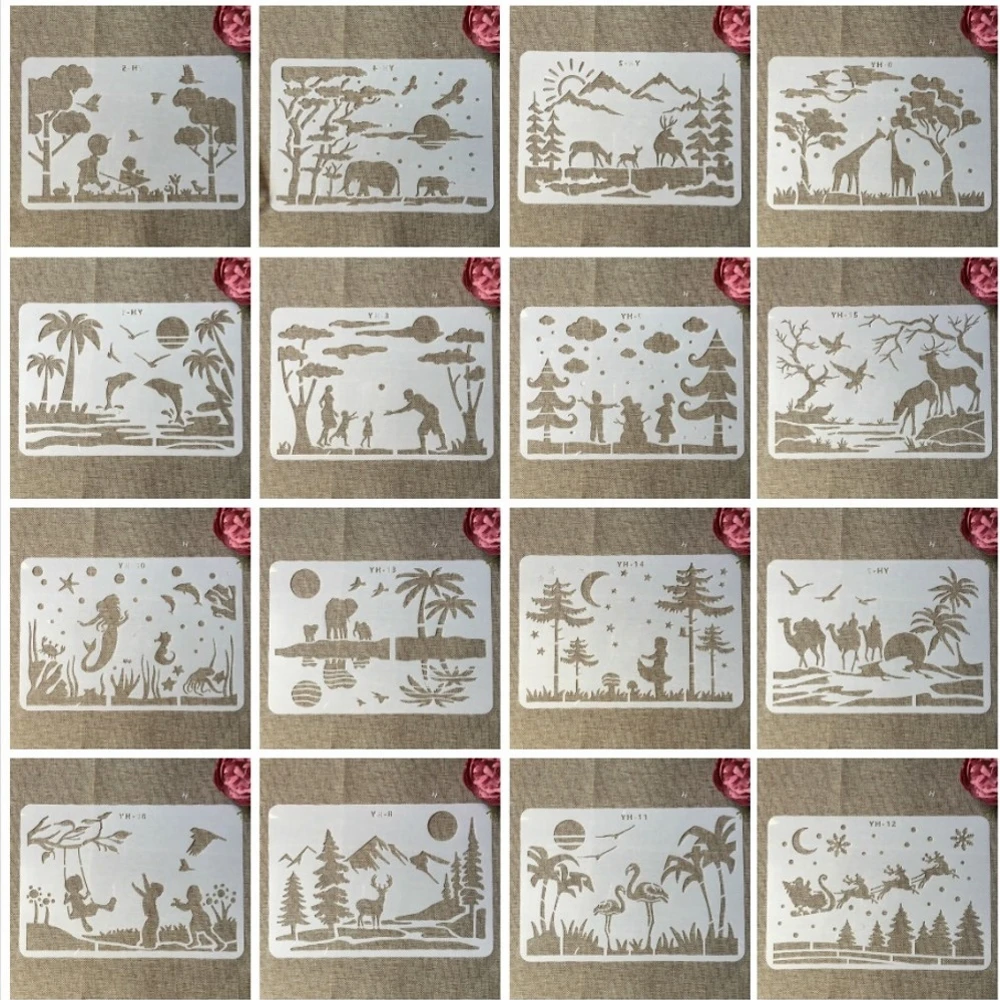 16Pcs/Lot A4 Landscape Character DIY Layering Stencils Wall Painting Scrapbook Coloring Embossing Album Decorative Template