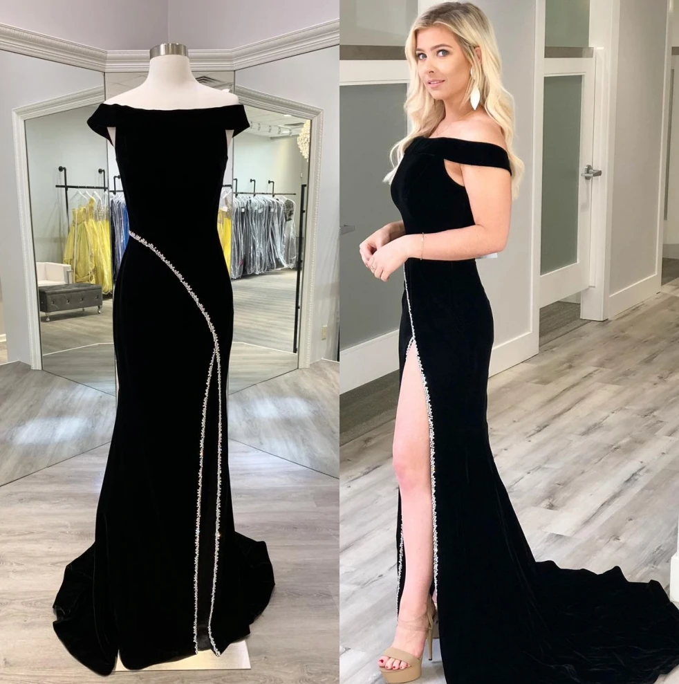 Velvet Pageant Dress for Lady 2020 Mermaid Off-the-Shoulder Crystals Detail High Slit Sexy Prom Dress Zipper Back Couture