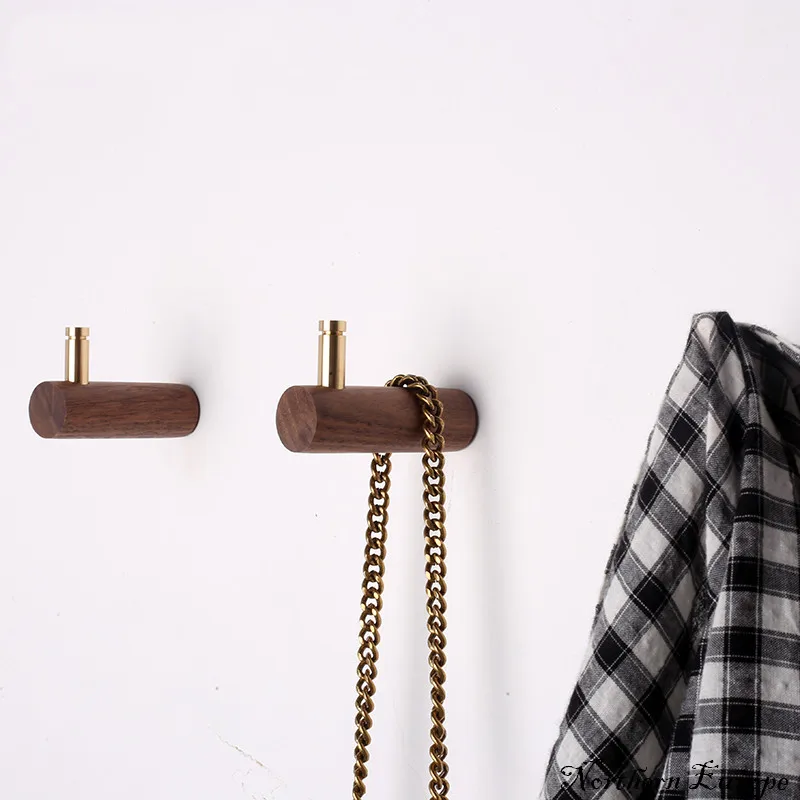 Nordic Black Walnut Solid Wood Hook, Pure Copper Coat Rack, Single Hook, Bathroom Wall Decoration, Japanese Style