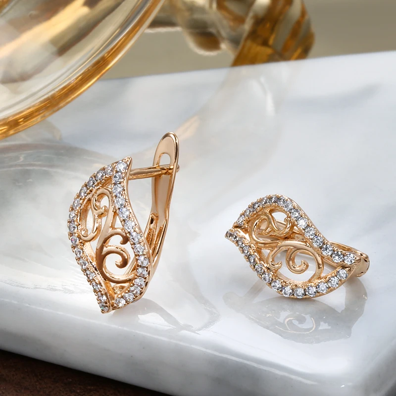 SYOUJYO Luxury Hollow Natural Zircon Drop Earrings Ring Sets Women Elegant Bride Wedding Fashion 585 Rose Gold Color Jewelry Set