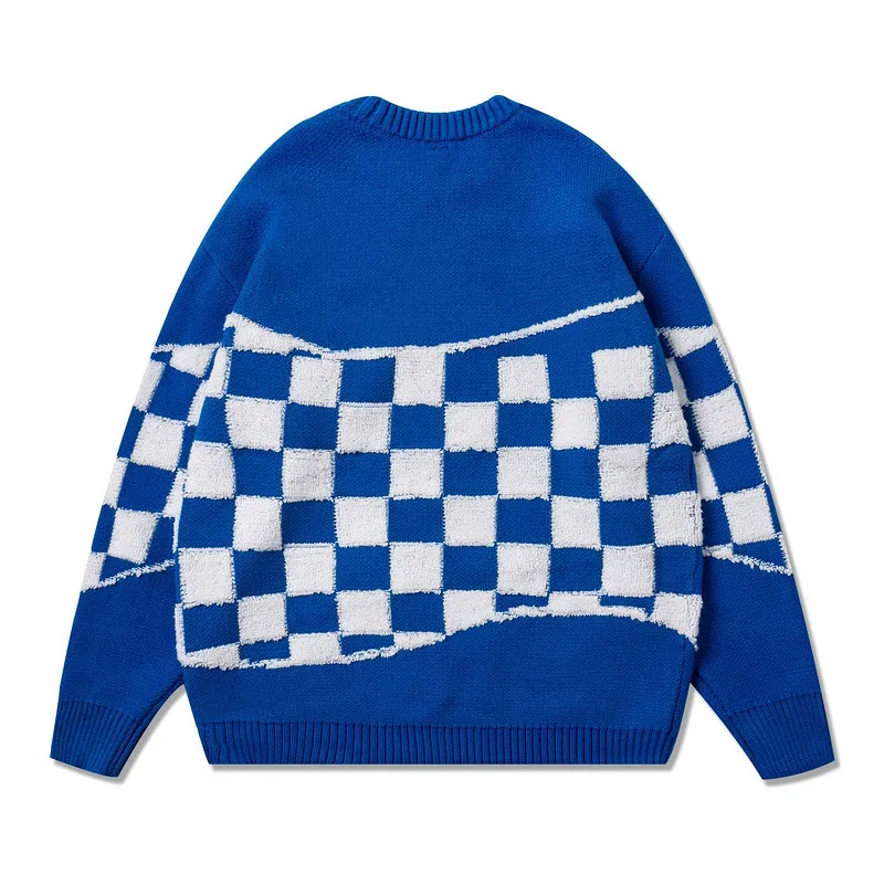 Harajuku Handsome Pullover Sweaters Men Oversized Checkerboard Letter Embroidery O Neck Casual Street Loose Couples Pullovers