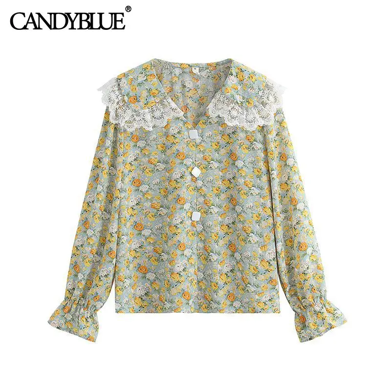 Doll collar casual chiffon shirt 2022 spring new fashion lace border floral print single-breasted trumpet sleeve blouse women