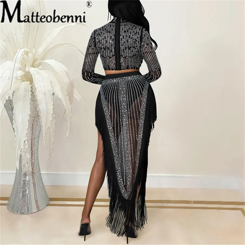 2021 Autumn Women 2 Piece Outfits Diamond Mesh Perspective Long Sleeve Split Skirt Two Piece Set Ladies Sexy Nightclub Dresses