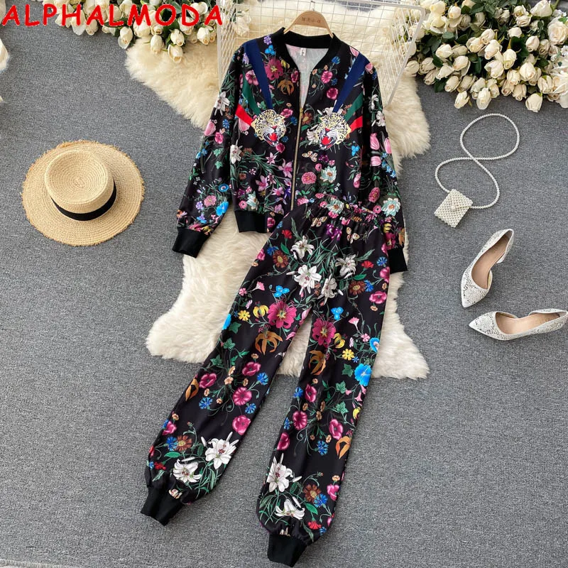 ALPHALMODA New Fashion Autumn Winter Printed Long Sleeve Zipper Jacket + Jogger Pants Casual Women Tracksuits Clothing Sets