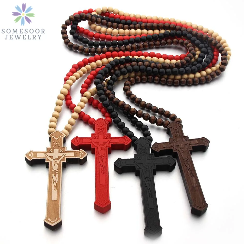 SOMESOOR Christian Cross Wooden Pendant Necklace Engraved 45cm Beads Chain Fashion Jesus Religious Jewelry For Men Women Gift