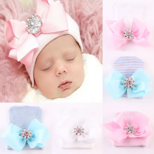 New Cute Newborn Baby Infant Toddler Knitted Baby Hat  Comfy Bowknot Hospital Cap Beanie Hat U