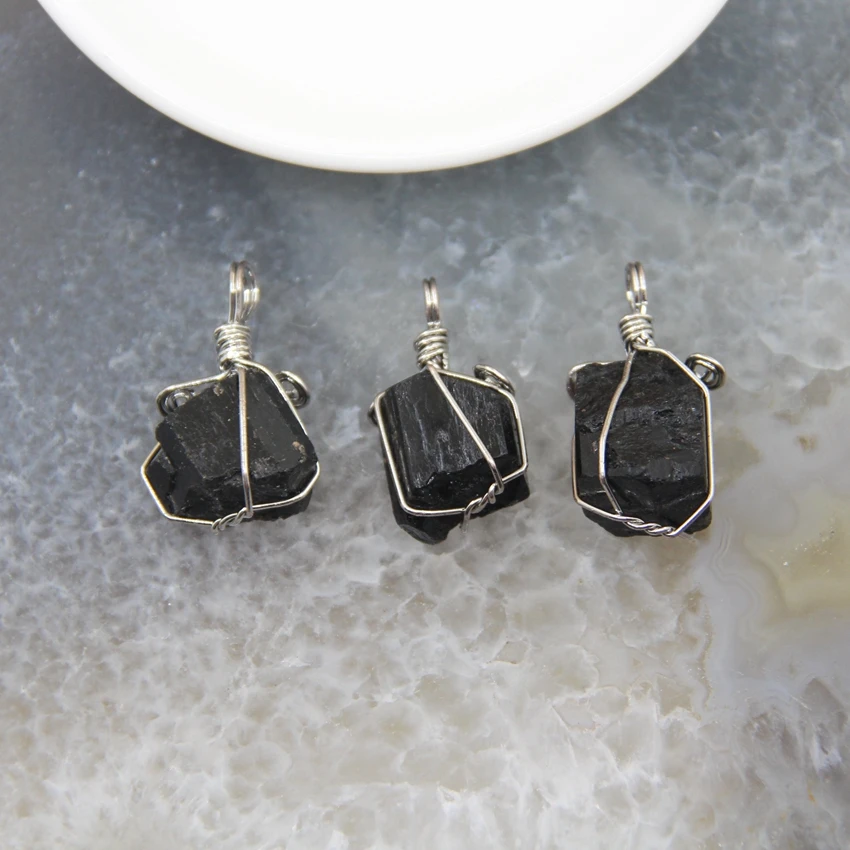 

1pcs Natural Black Tourmaline Pendant Charms,Raw Black Quartz Healing Energy Stone Silvery Wire Wrapped DIY Necklace Jewelry