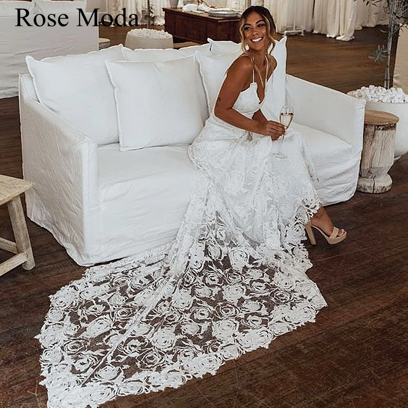 Rose Moda Thin Straps Backless Floral Lace Boho Wedding Dress with Slit Destination Bridal Gown Custom Make