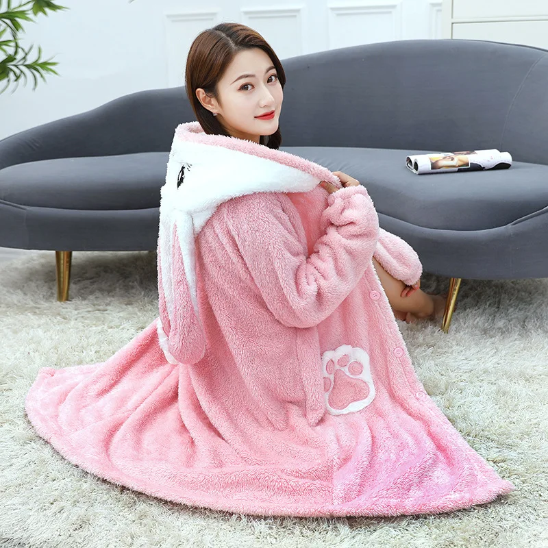 Winter Long-eared Rabbit Flannel Nightgown Cute Cartoon Bunny Animal Pajamas For Women Long Kimono Robe Hooded Fleece Nightdress