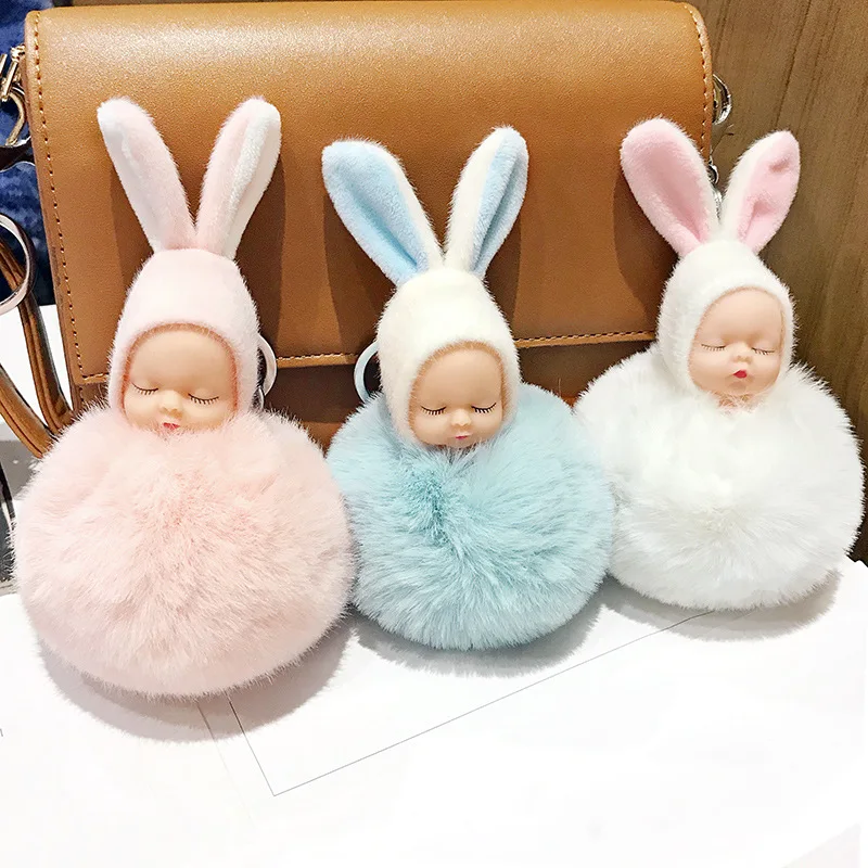 2019 New fashion pink dreaming doll keychain cute cartoon artificial rabbit hair ball car key chain plush bag pendant female