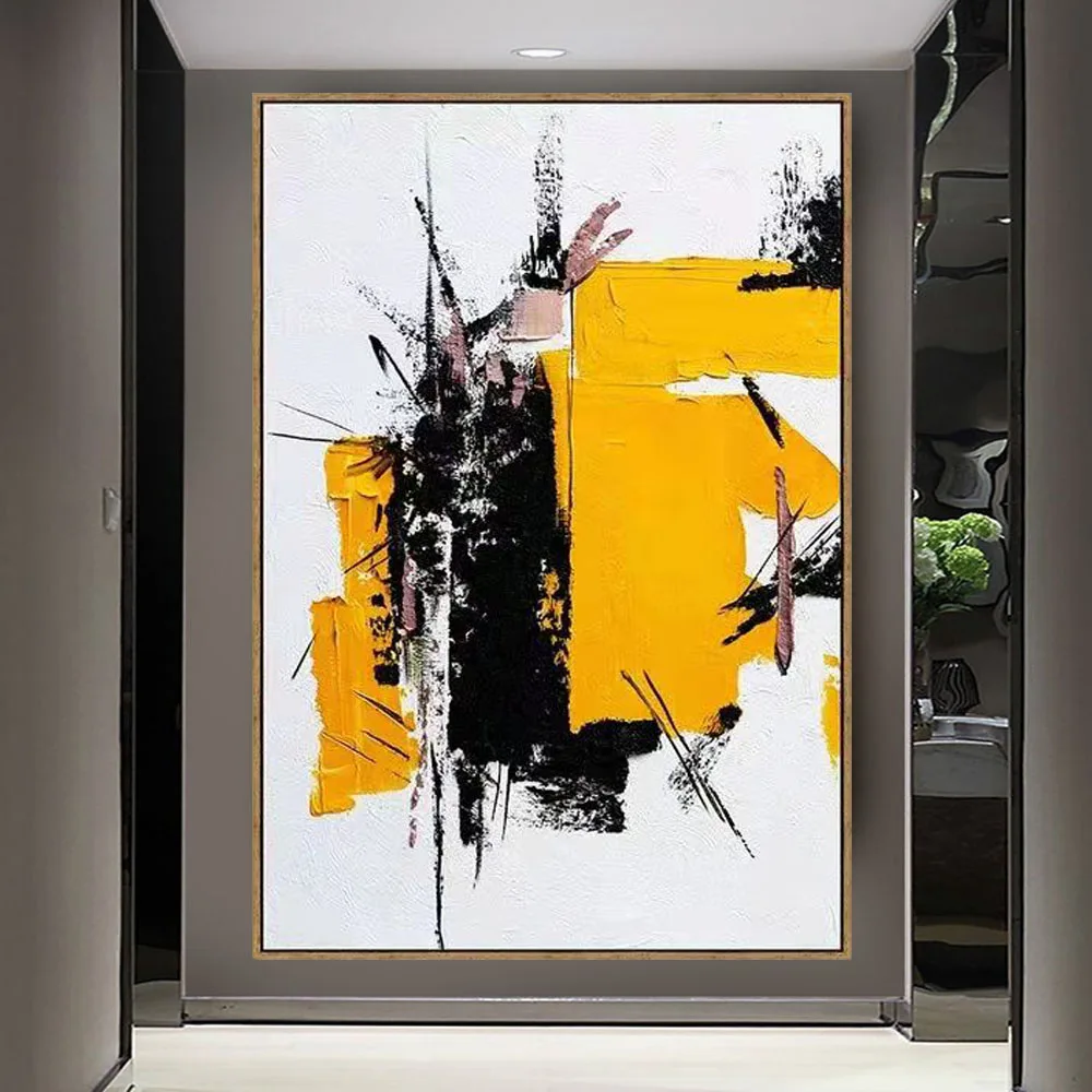 Hand Painted Modern Oil Painting Chinese Style Splash Ink Art Black Yellow Abstract Line Canvas Paintings Living Room Home Decor