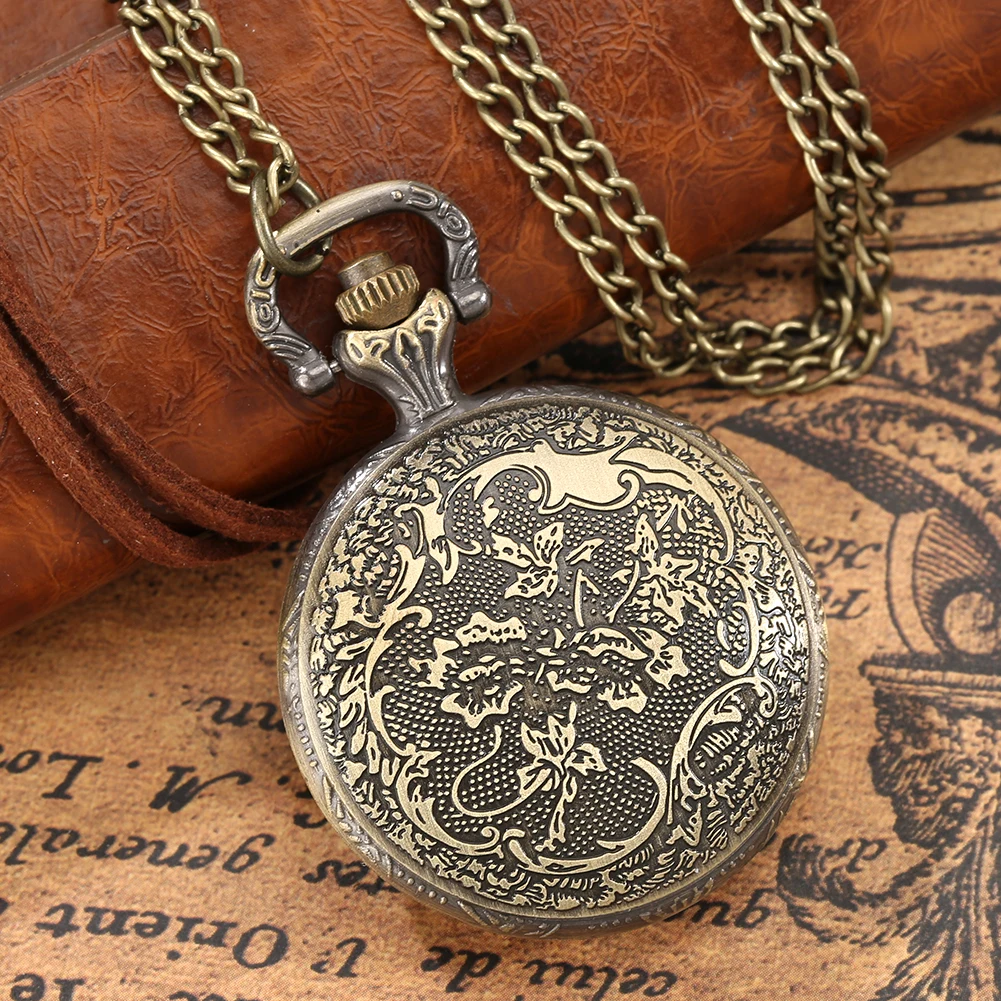 Mid-Size Bronze Necklace Pocket Watch Gifts Men Women Quartz Movement Retro Pendant Antique Pocket Clock