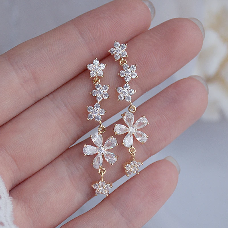 Romantic Sweet Long Design Fower Women Earrings Bling AAA Zironia Stud Earring Wedding Jewelry Pendant Birthday Gift Accessories