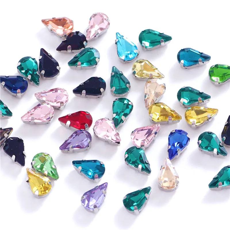 3 Sizes Colorful Teardrop Glass Crystal Sew on Rhinestones with Silver Claw Sew On Gemstones for Clothing Accessories