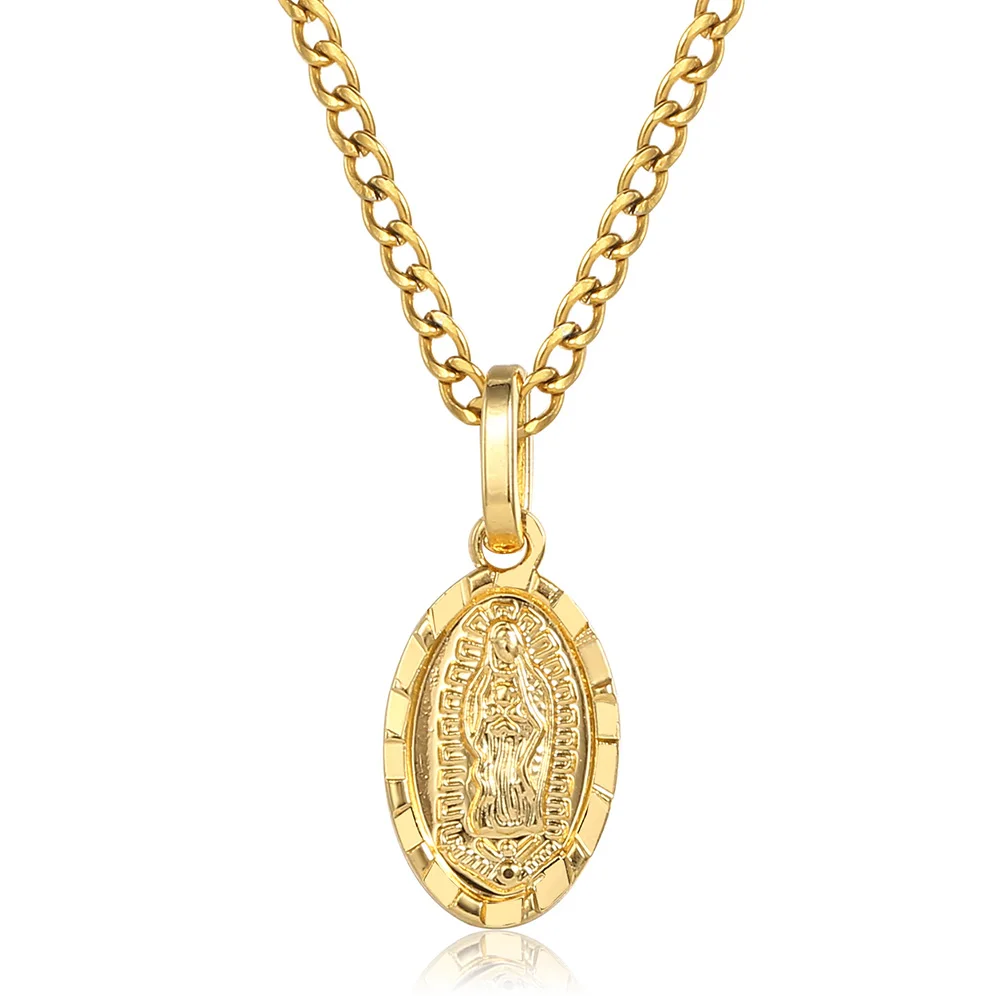 Chic Mini Virgin Mary Pendant Necklace for Men Women Curb Link Chain Stainless Steel Gold Color Catholic Christian Gift GP430B2