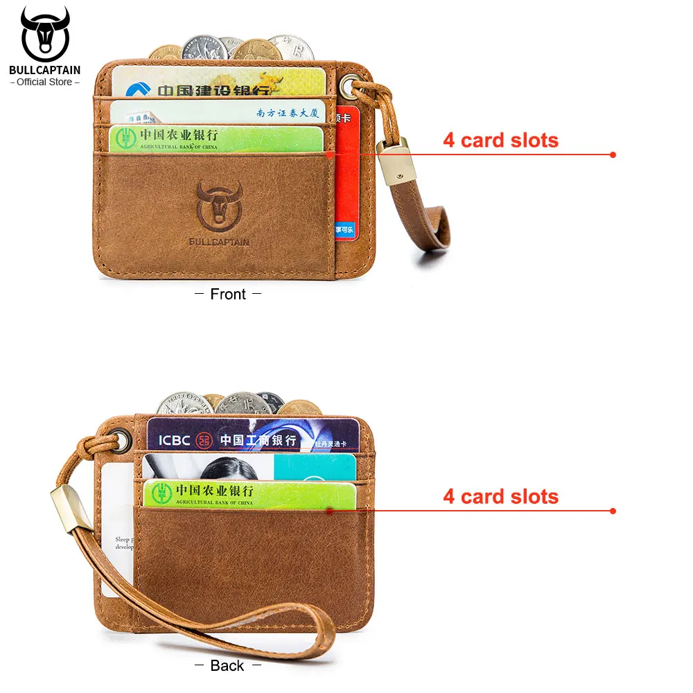 BULLCAPTAIN  Genuine Leather Business Credit Card Holder mini RFID Card protection Unisex ID Holders CARDS WALLET WITH WRIST