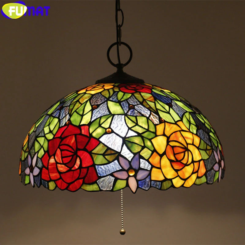 FUMAT Tiffany Stained Glass Pendant Lamp Red Yellow Rose Butterfly Spider Web Hanging Light Fixture Handcraft Arts Home Decor 16