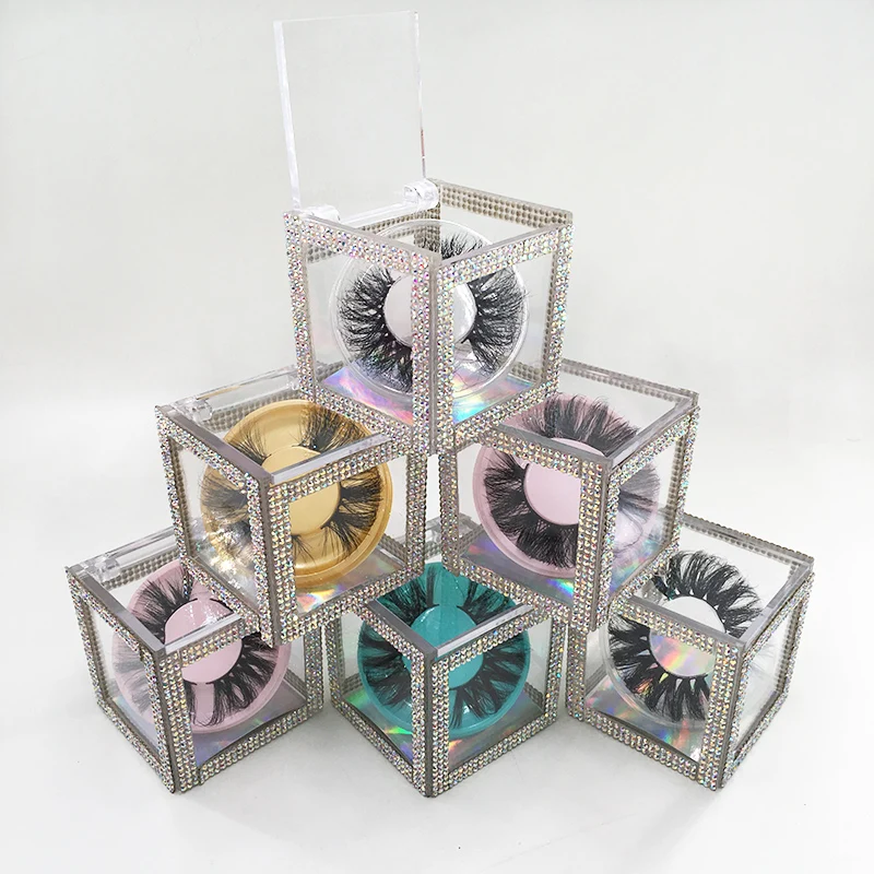 25mm 3D False Eyelashes Packaging Crystal Clear Cube Lash Box Empty Glitter Rhinestone Lashes Case